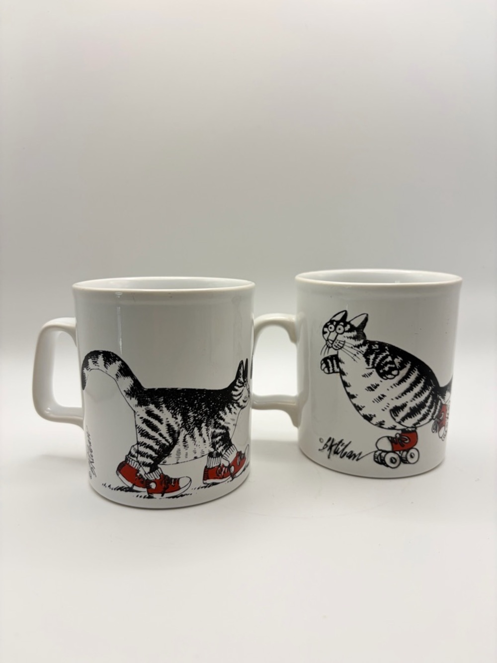Vintage B Kliban Cat Mugs Set of 2 Kiln Craft England Red Sneakers Roller Skates